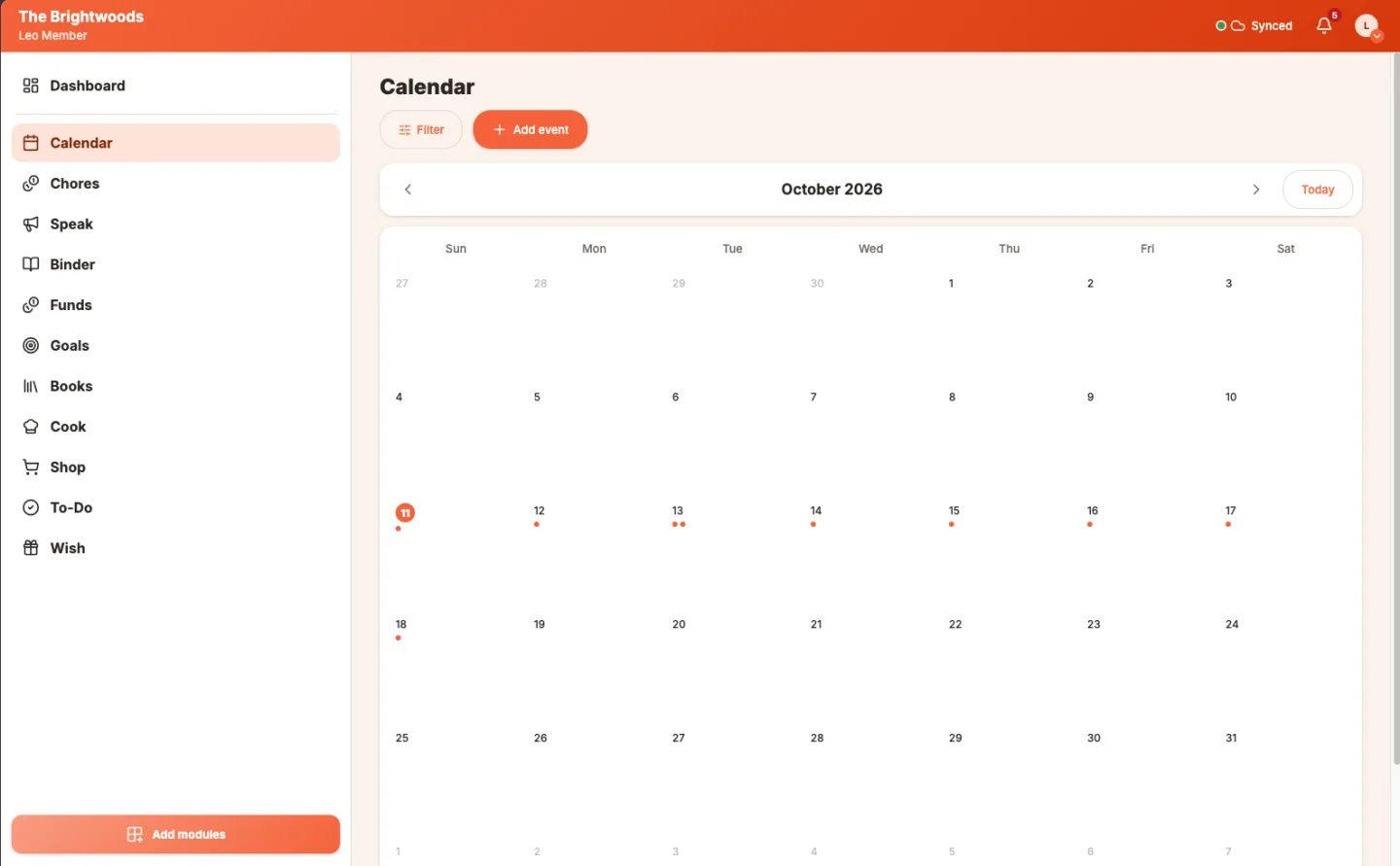 The family calendar for the week, with events assigned to each person.