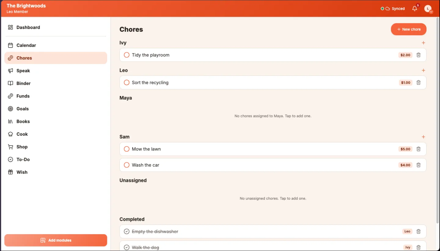 The chores screen, with each person's open chores and the reward for each.