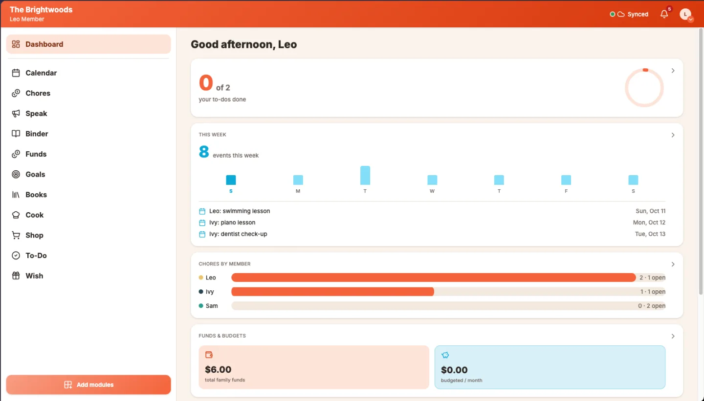 The Yggltree dashboard on a laptop: this week's events, to-dos done, chores by person and family funds, for a made-up family.