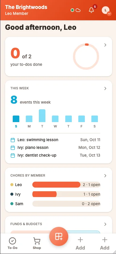 The dashboard on a phone, with this week's events and chores by person.