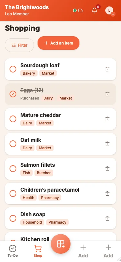 The shopping list on a phone, with each item and its store.